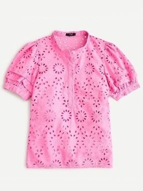 J. Crew Women’s Eyelet Ruffle Sleeve Hot Pink Blouse Top Sz M